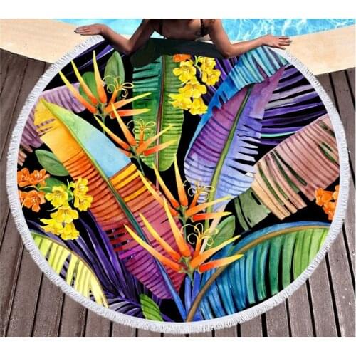 Tropical Plants Printed Round Beach Towels Microfiber Made Beach Towel with Tassle Around Yoga Mat Picnic Mat