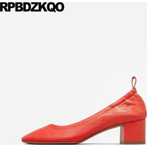 Size 33 Navy Blue Pumps Block Suede Ladies 4 34 Catwalk Shoes Customized Genuine Leather Medium Heels Colourful Red Square Toe