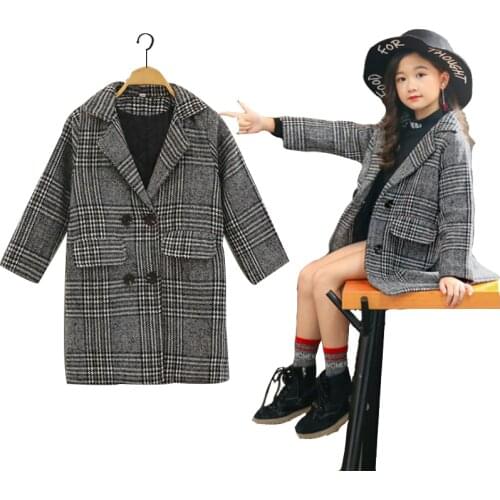 Woolen Jacket for Girl Vintage Plaid Girl Jacket Childrens Fashion Long Woolen Coat Kids Girl Winter Warm Coat Children Clothing