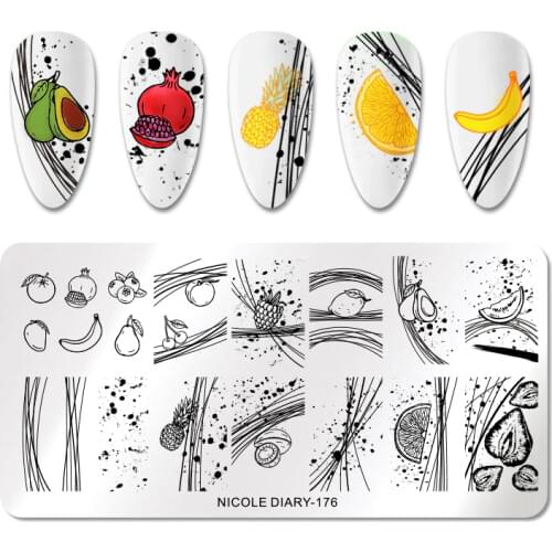 NICOLE DIARY Nail Stamping Plates Fruits Rectangle F Stainless Steel Stamp Templates Geometric Printing Stencil Tools