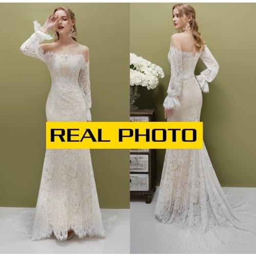 Vintage long sleeve lace boho CHAMPAGNE bridal gown wedding dresses real photo factory price