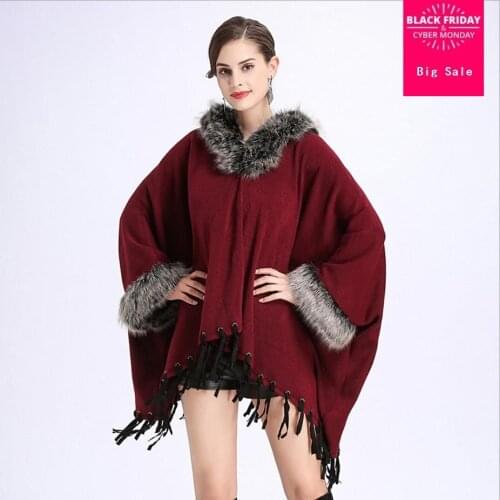2018 Winter Warm Women Cape Faux fox fur collar hooded tasseles shawl cloak coat Loose Knit Fur Cape Shawl Cloak outwear L1138