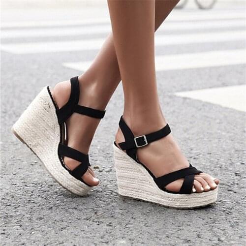 PXELENA Punk Women Shoes Platform Sandals Peep Toe High Wedges Heel Ankle Buckles Espadrilles Female Sandals Shoes Plus Size 43