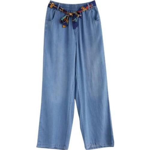 2021 European And American Summer Lace-up Elastic Waist Tencel Jeans Womens Thin Drape Feels Thin Temerament High-Waist Casual