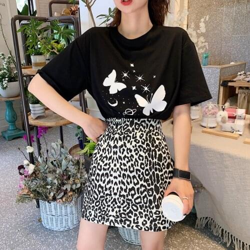 Summer 2021 New College Style Set Dress Korean Harajuku Butterfly Print Short Sleeve T-shirt+Leopard Print Skirt Tow-piece Suit