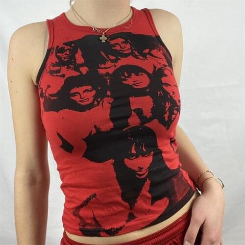 Female Sexy Short Vest Summer Girls Y2K Style Portrait Printing Round Collar Sleeveless Crop Tops Slim Tank Tops