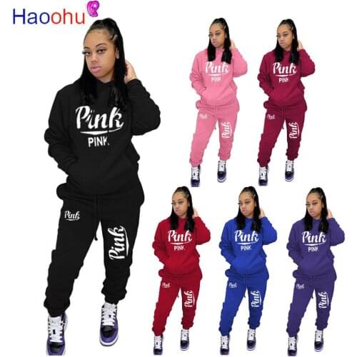 HAOOHU Women Tracksuit 2 Piece Set Winter Fitness Sweatshirt + Sweatpants Joggers Women Set Letters Print Matching Outfits