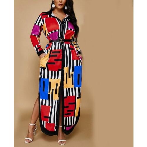 Autumn Fall New Shirts Dress Geometric Printed Single Breasted Full Sleeve High Waisted Ankle Length Loose Fashion Long Vestidos