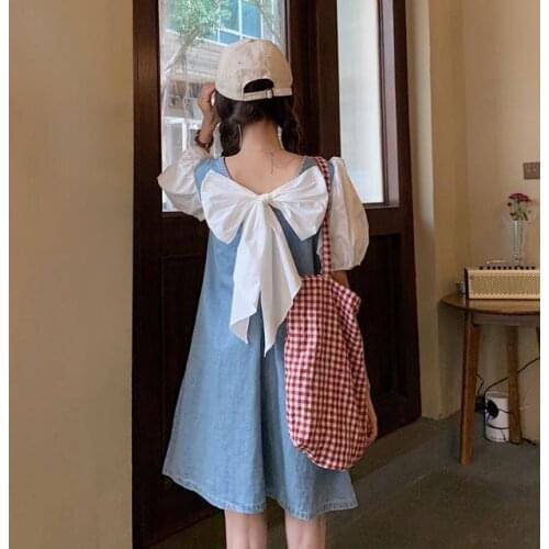 Dresses For Women Double-Sided Denim Stitching Summer Puff Sleeve Bow Dress For Women Vestido De Mujer Femme Robe