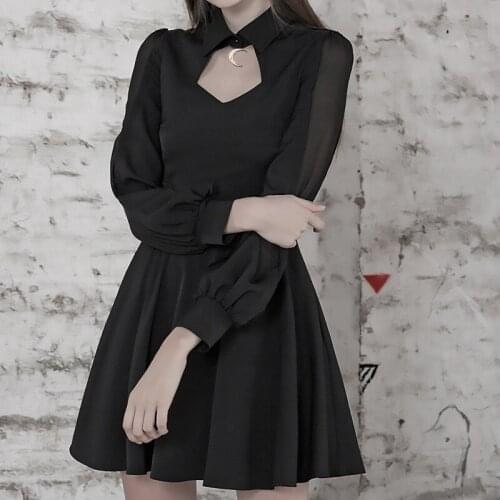 Black Gothic Women Mini Dress 2020 Autumn Lady Hollow-out Mesh Patchwork Transparent Long-sleeve Crescent Pendant Dark Dresses