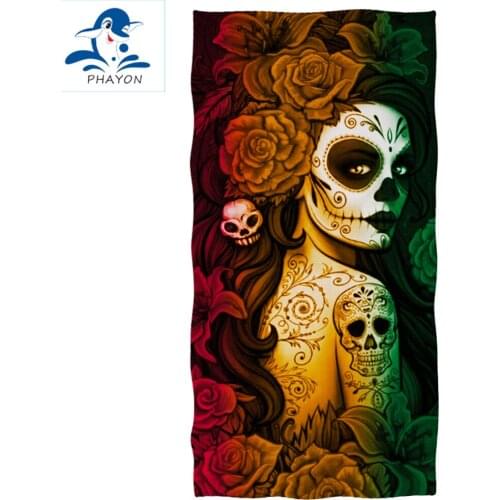 PHAYON 1Pcs Quicky-dry Microfiber Bath Towels Skull Beauty Flowers 75*150cm Beach Towel Large Sport Towels Camping Accessories