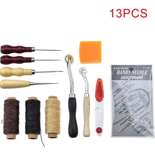 13pcs DIY Leather Craft Tools Set Waxed Thread Wood Handle Awl Thimble Needles Hand Stitching Sewing Tool Kit