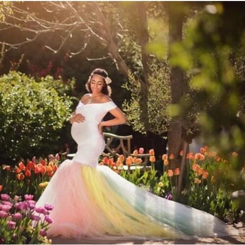 White Maternity Mermaid Dresses Women Sweetheart With Colorful Pleated Tulle Skirt For Party Pregnant Prom Gown Photograph Dress
