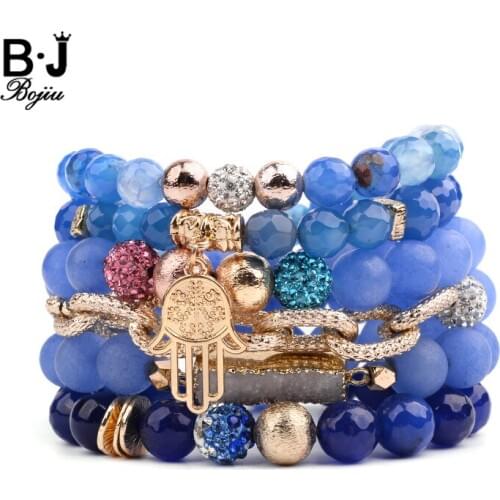BOJIU 6 Pcs/Set Natural Stone Charm Bracelets For Women Blue Agates Druzy Gold Palm Plastic Beads Big Chain Bracelets BCSET283