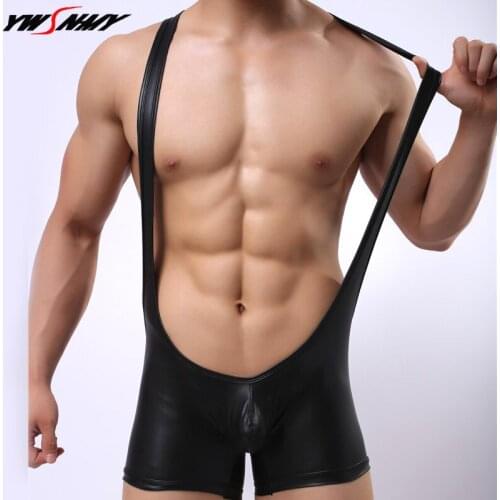 New Mens Sexy Boxers Faux Leather Bodywear Wrestling Singlets Siamese Boxers Underwear Men Sling Bodysuits Leotard Gay Costume