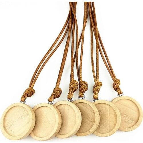 Jiangzimei24pcs Burlywood Black Wood cabochon settings 20mm dia round blank wooden base with leather cord Semi-finished Necklace