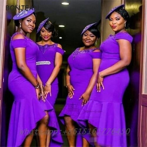 Purple Bridesmaid Dresses 2021 Hi-Low Elastic Satin Beads Floor Length African Bridesmaid Dress Plus Size for Women Wedding