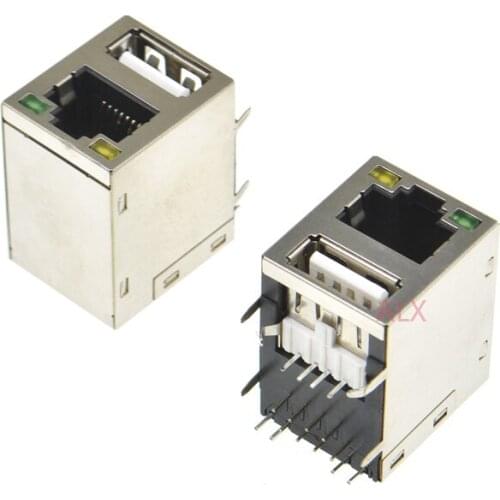 2PCS RJ45 8P8C Female Jack Socket Connector With Single USB-A Female and LED Shield Modular