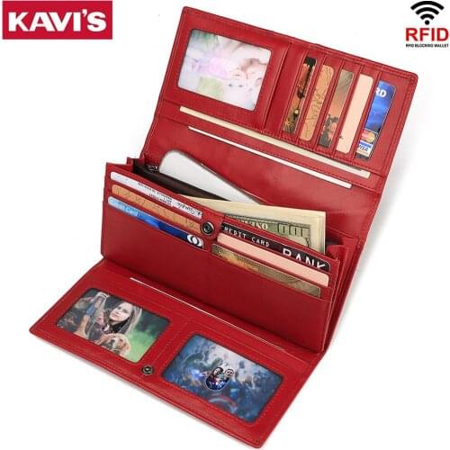 KAVIS Fashion Women Wallets Brand Long Tri-fold Wallet Purse Genuine Leather Female Clutch Card Holder Cartera Phone Bag Girls