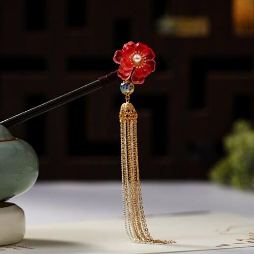 Chinese Oriental Charm Style Woman Tassels Hair Stick Red Crystal Flower Hair Pin Vintage Wedding Hairpin Bridal Hair Jewelry