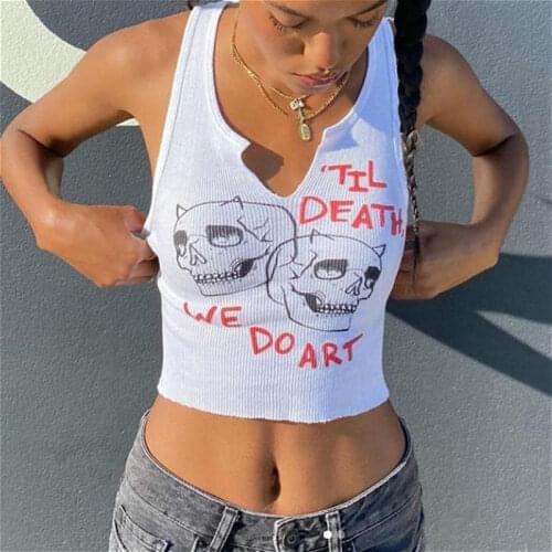 Square Collar Trendy Letter Print With Pin Buckles Tank Tops Women Skull Printed Casual Stretchy Sleeveless Crop Top