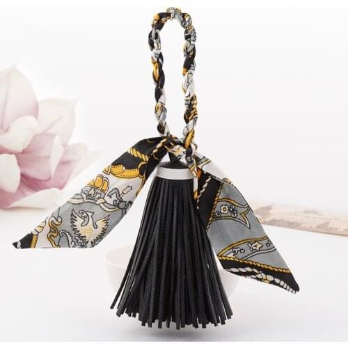 Fashion Silk Scarves Key Chains Exquisite Decoration PU Leather Tassels Keychains Women Bag Charm Pendant Keyrings Drop Shipping