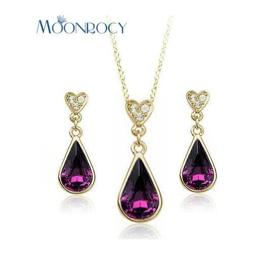 MOONROCY Free Shipping Rose Gold Color Austrian Purple Crystal Jewelry Set Waterdrop Necklace and Ering for women Gift
