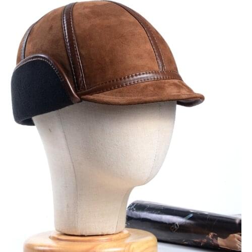 Mens 100% Real Leather Winter Warm Russian Small Brim Cap Beret Newsboy Jazz/Navy/Army Caps/Hats