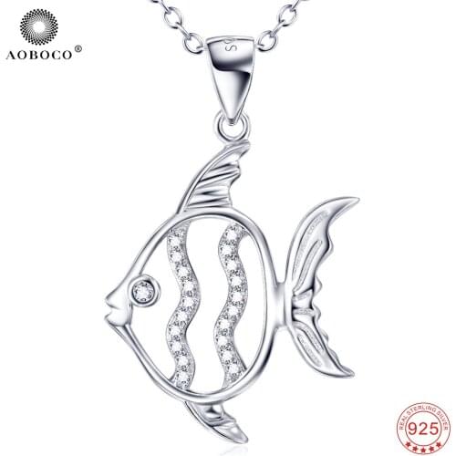 AOBOCO 925 Sterling Silver New Arrival Necklace Hollow Lovely Little Fish Pendant Crystal Jewelry For Women Necklaces GNX10011