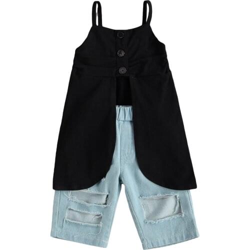 New 2-7Y Fashion Summer Toddler Girls Clothes Sets Solid Sleeveless Button Dress Vest Tops Blue Denim Pants Set
