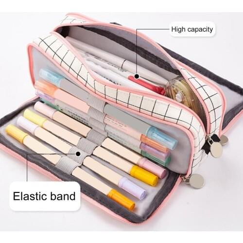 Large Capacity Pencil Bag Multi Compartments Canvas Multi Pen Slots Mesh Pocket Stationery Box Makeup Bag