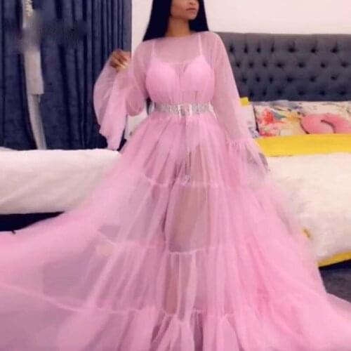 Saudi Arabian Wedding Guest Dress With Sleeve Pink Sheer Prom Gown No Belt vestido longo A Line Prom Gowns Tulle Personalized