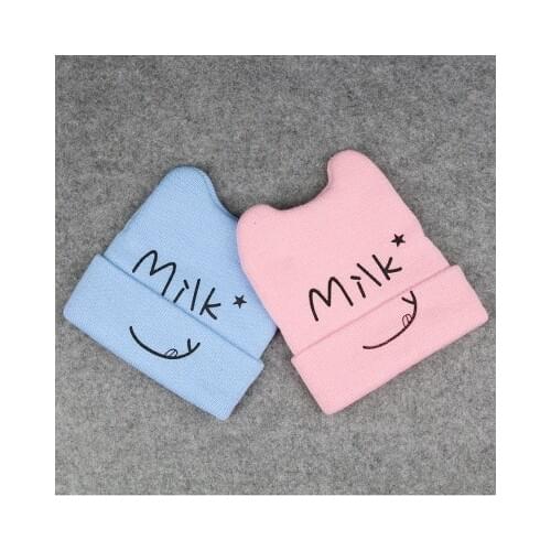 Bonnet Knit Kids Hat Milk Smile Print Baby Infant Winter Warm Crochet Beanie Newborn Cap Toddler Girls Baby Child