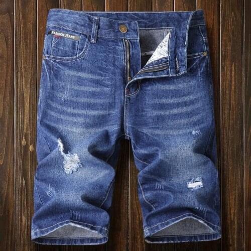 Light Blue Pantalon Hombre Denim Shorts Knee Length Short Straight Pants Men Ripped Jeans Homme Summer Casual Shorts Men