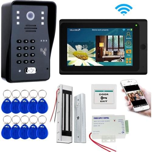 7'' Wifi Video Intercom System Video Doorbell Phone Kit with Lock +Power +Button, Mobile Phone APP RFID Keyfob, Password Unlock