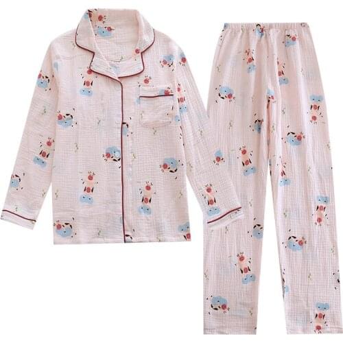 Women Crepe Cotton Pajamas Long Sleeve Pants Sleepwear 2 Piece Set Double Layer Yarn Cartoon Lounge Wear Autumn Home Clothes