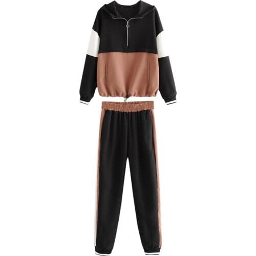 Set female 2019 fashion casual loose stitching long-sleeved hooded temperament wild trousers womens two-piece suit