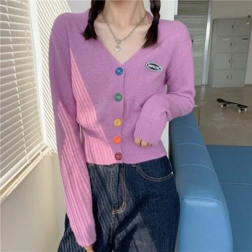 QRWR 2020 Spring Autumn Sweaters Women V Neck Candy Colors Buttons Knitted Cardigan Casual Cute Short Women Sweater
