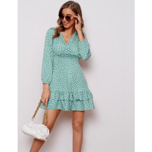 2021 New Summer Dress For Women Casual V-Neck Floral Long Sleeve Sexy & Club Mini Dress High Waist Folds Sundress