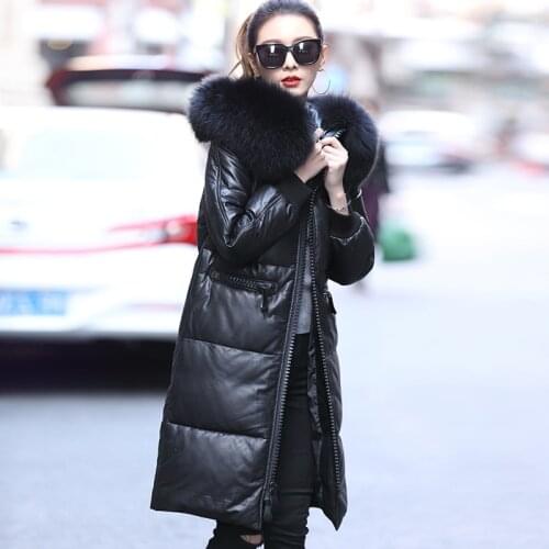 Genuine leather winter jacket, women long sheepskin coat, womens down jackets with raccoon fur collar, warm mf7212