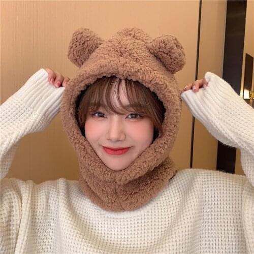 Ins Winter Cute Selling Cute Bear Ears Warm Hat Windproof Neck Scarf Cap Student Women Plus Cashmere Cap