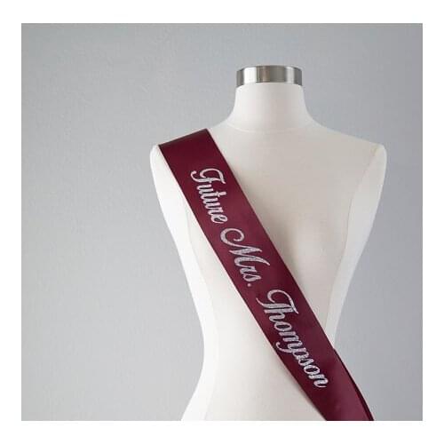 Gold or silver or black Future Mrs Bridal Wedding Bride Sashes Custom color and lettering Bachelorette Personalized Party Sash