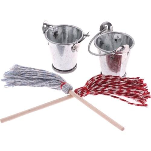 1Set 1:12 Dollhouse Miniature Kitchen Garden Mop Bucket Pretend Play Furniture Toys