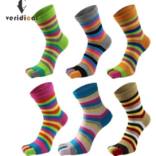 VERIDICAL 5 Pairs/Lot Fashion Women Toe Socks Colorful Striped Five Finger Socks Rainbow Cotton Weed Short Socks Fit EU35-41