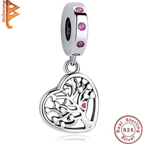 BELAWANG Fashion 925 Sterling Silver Family Tree Heart Charms Pendant fit Original Charm Bracelet DIY Jewelry Making