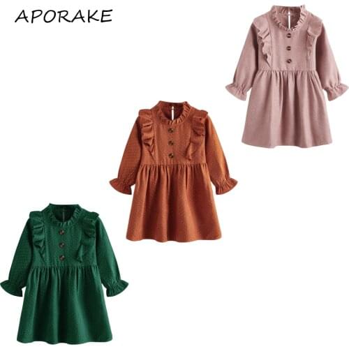 2021 3-8Y Princess Kids Baby Girls Dress Spring Fall New Dot Print Long Sleeve Ruffle Button A-line Dress Toddler Sundress