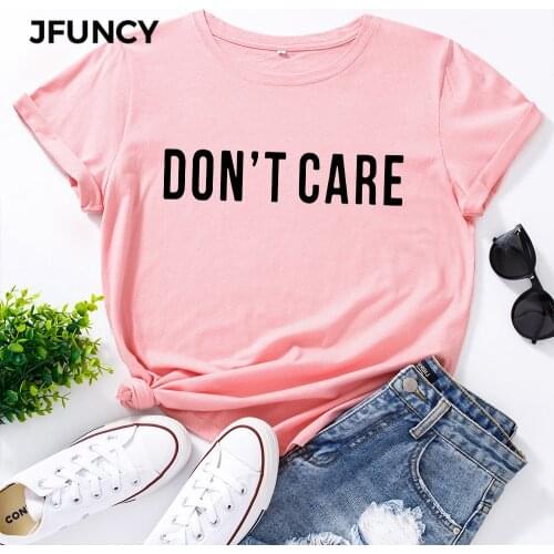 JFUNCY Women Plus Size Casual Tshirt Short Sleeve Cotton T-shirt Don't Care Letters Print Graphic Tees Female T Shirt Woman Tops