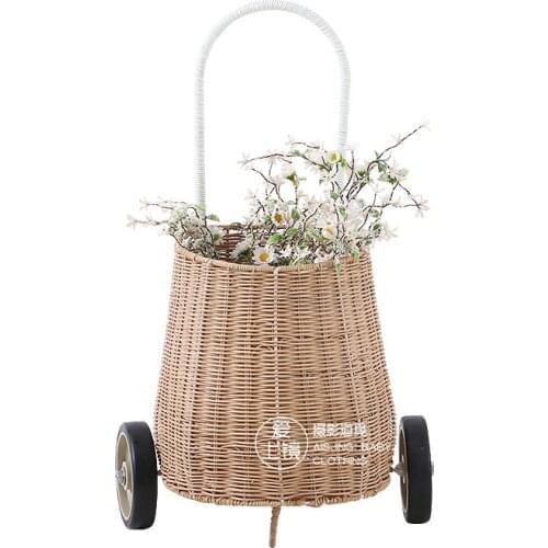 A,high quality Natural plant rattan Trolley shopping cart Basket durable Trolley with aluminum universal wheel