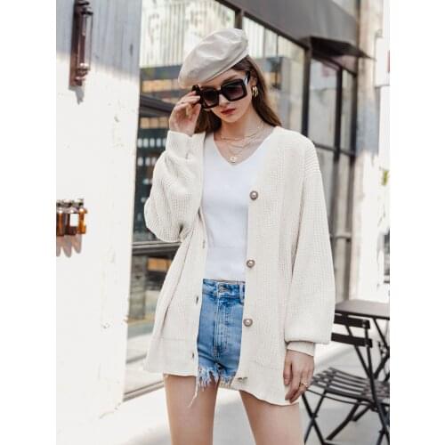 Simplee Casual v-neck knitted cardigan women Autumn winter lantern sleeve button female cardigan Fashion ladies oversize sweater