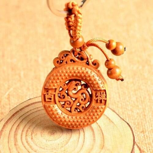 Wood Carving Chinese Feng Shui Geomancy Round Dragon Statue Key Chain Ring